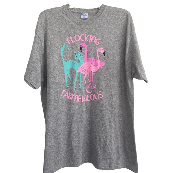 Port & Company Women's Size XL T-Shirt Gray with Flamingos Cat Pink Aqua SS - Picture 1 of 6